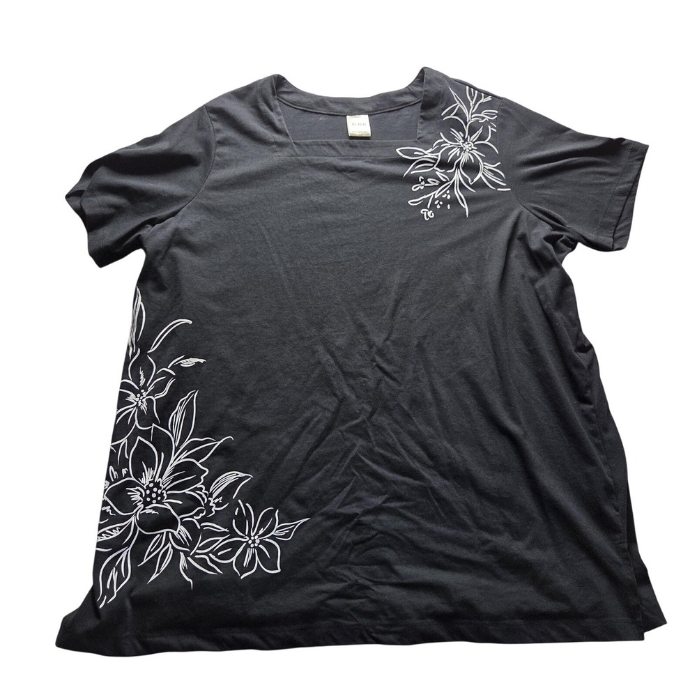 Blair Shirt Womens Plus 3XL Gray Square Neck Short Sleeve Floral Tunic Top
